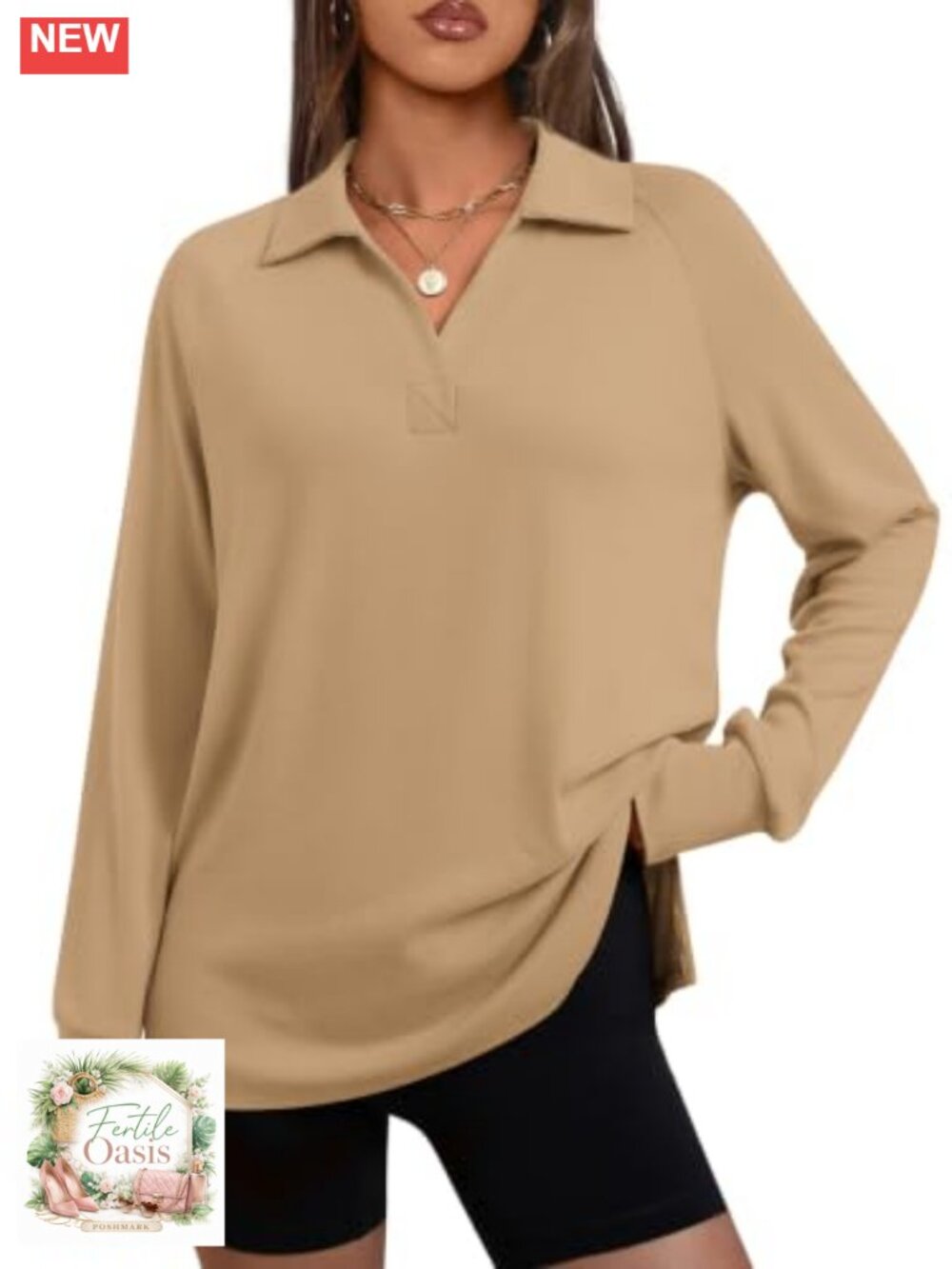 Long Sleeve V-Neck Polo Tunic Blouse Casual Loose Fit
